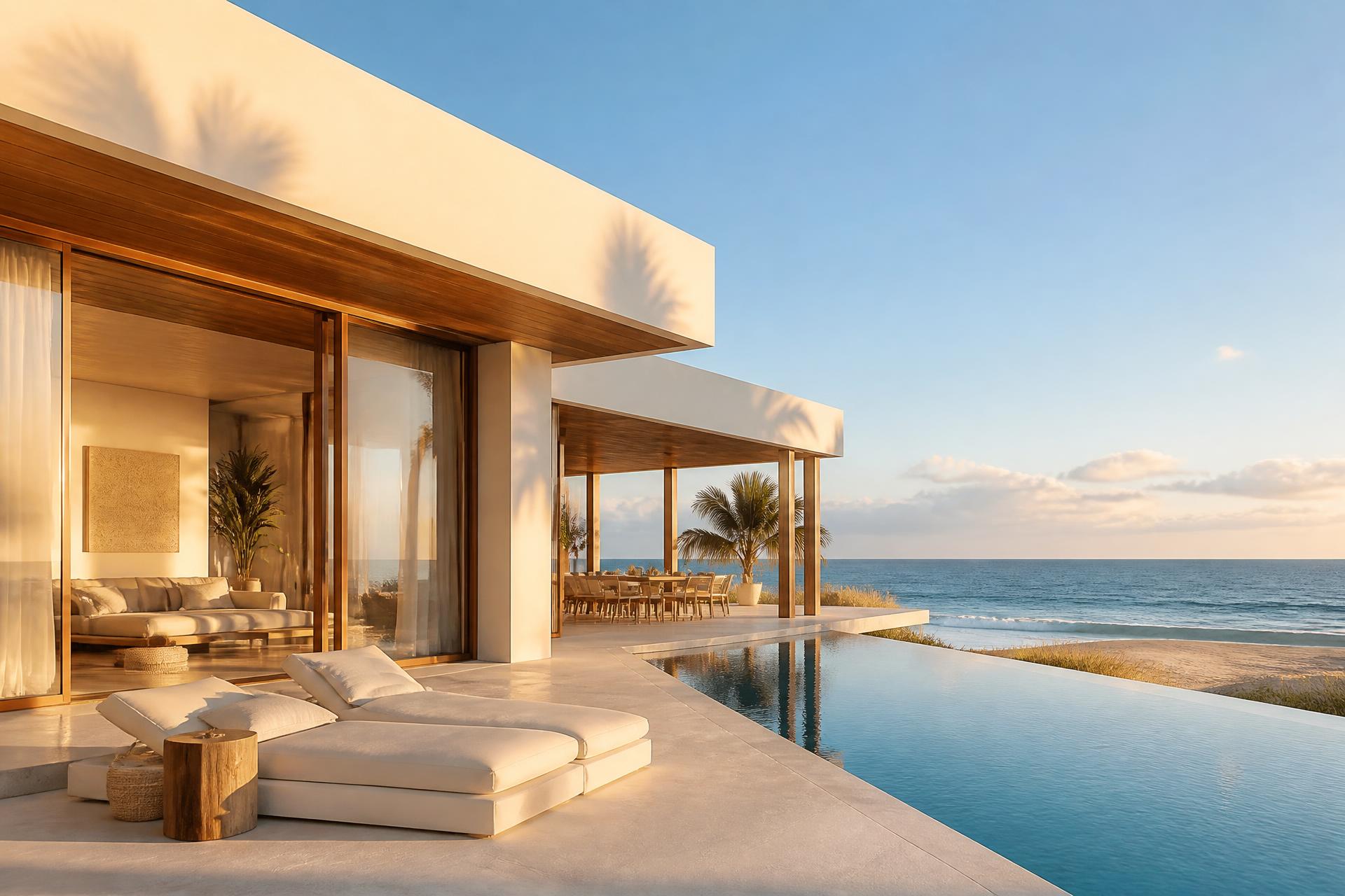Luxury modern beach house with infinity pool at golden hour